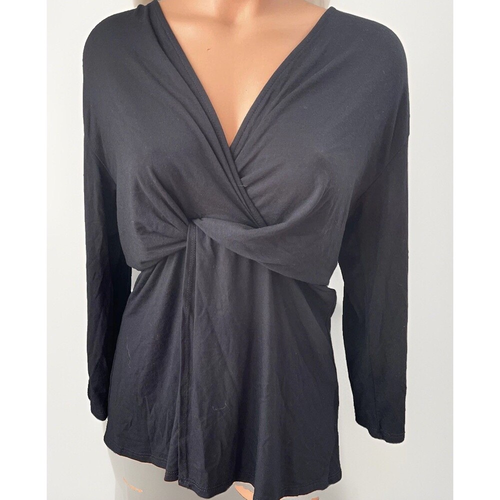 Loveappella Black V-Neck Top Size S Long Sleeve Faux Wrap Jersey